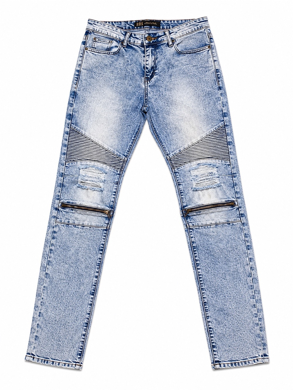ROK Hand Crafted Moto Acid Wash Distressed Jeans W34 L32 Zipper Knee Biker Denim